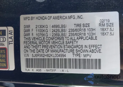 2019 Honda Cr-V Ex-L from USA, damaged, VIN 5J6RW2H82KL004994
